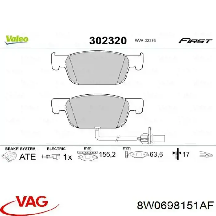 Sapatas do freio dianteiras de disco VAG 8W0698151AF preço, a partir de 29,83 USD