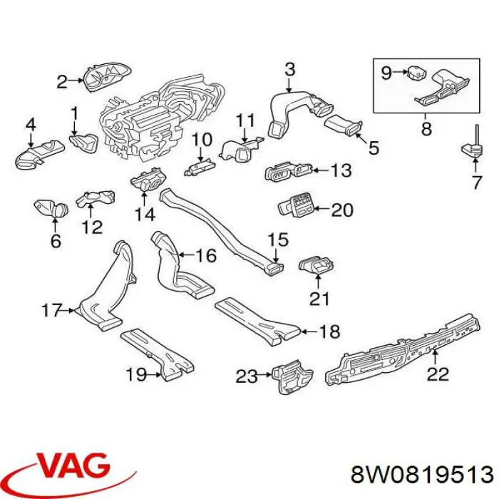 8W0819513 VAG Conduto de ar (distribuidor de ar para "painel de instrumentos") central