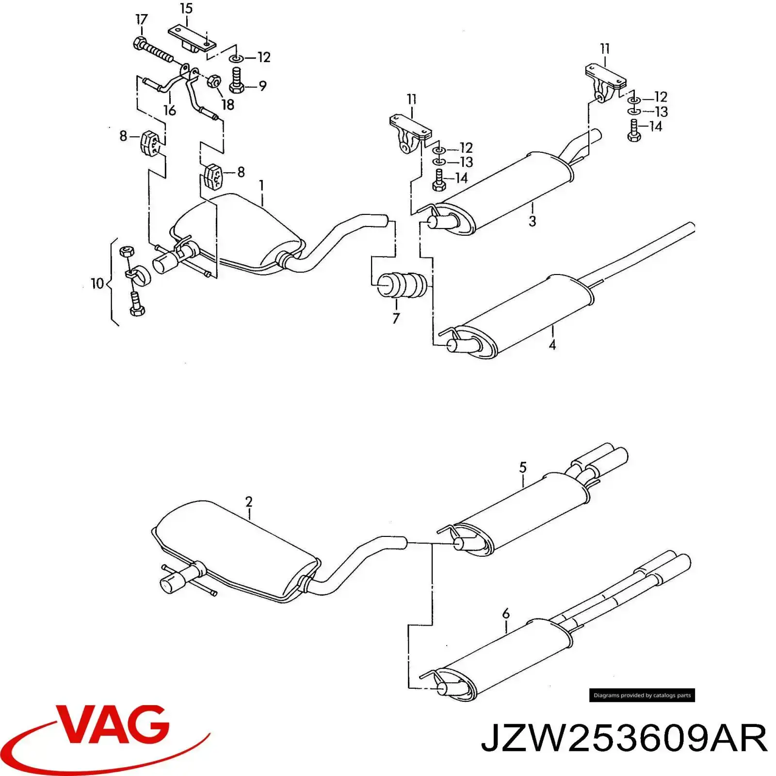 Silenciador, parte traseira VAG JZW253609AR preço, a partir de 97,35 USD
