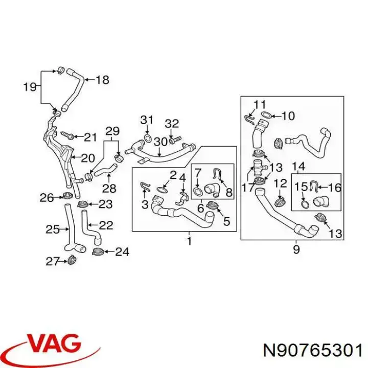 N90765301 VAG Vedante do flange (da união em T) do sistema de esfriamento