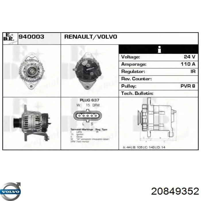 Gerador Volvo 20849352 preço, a partir de 209,00 USD