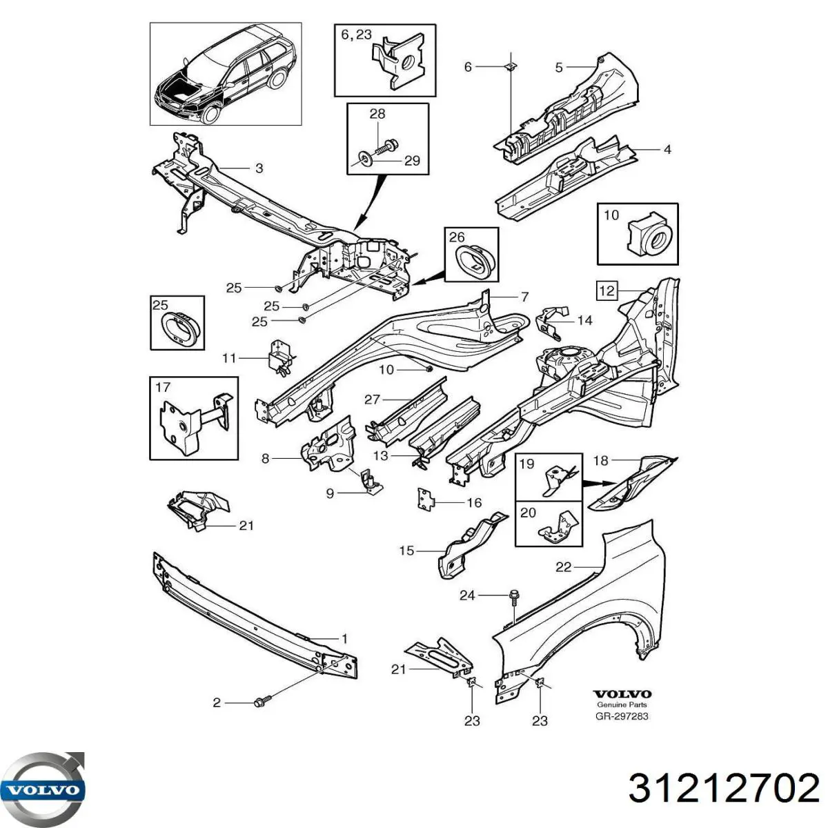Suporte superior do radiador (painel de montagem de fixação das luzes) Volvo 31212702 preço, a partir de 196,60 USD