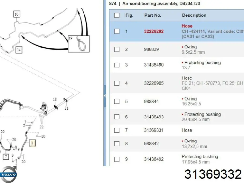 Mangueira de aparelho de ar condicionado, desde o radiador até o vaporizador Volvo 31369332 preço, a partir de 62,99 USD