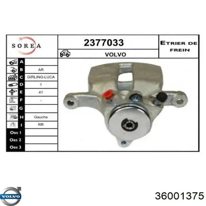36001375 Volvo Suporte do freio traseiro esquerdo