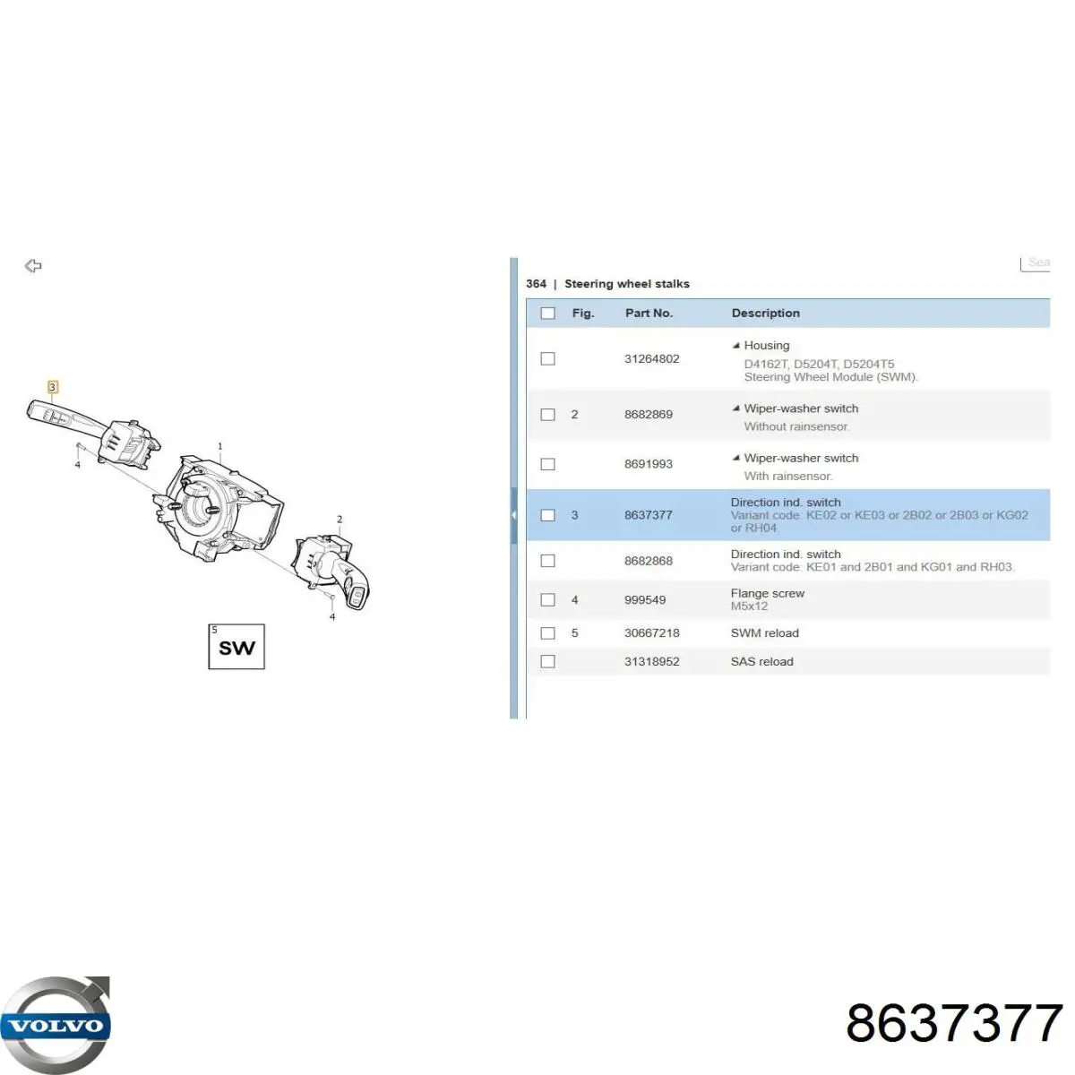 8637377 Volvo Comutador esquerdo instalado na coluna da direção