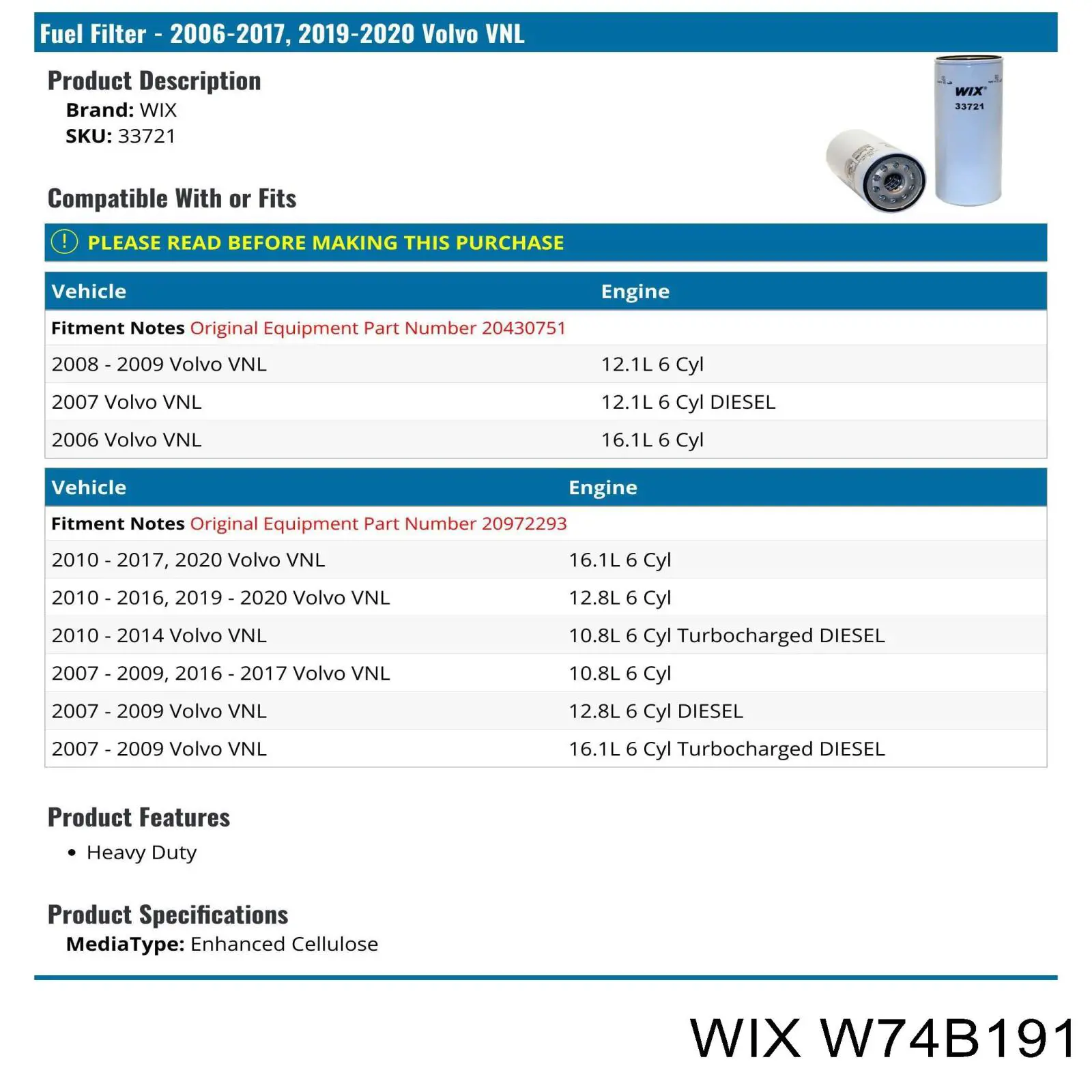 Compre W74B191 WIX Filtro ad blue