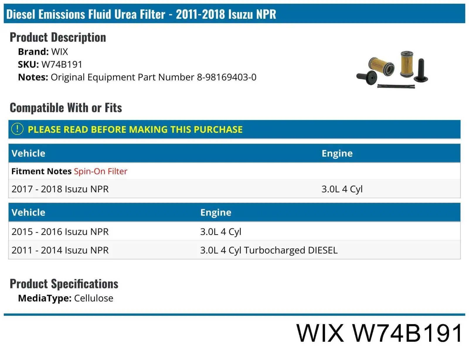 Filtro ad blue WIX W74B191 preço, a partir de 42,06 USD