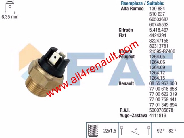 Sensor de temperatura do fluido de esfriamento (de ativação de ventilador do radiador) 7700759441 RENAULT