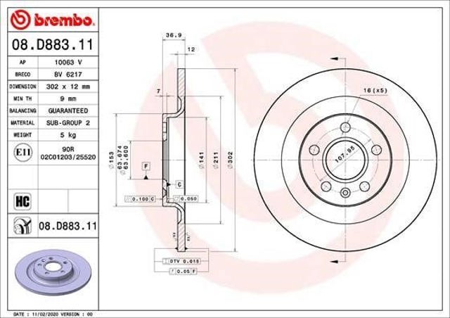 Disco do freio traseiro 08D88311 BREMBO