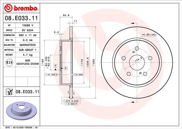 Disco do freio traseiro 08E03311 BREMBO