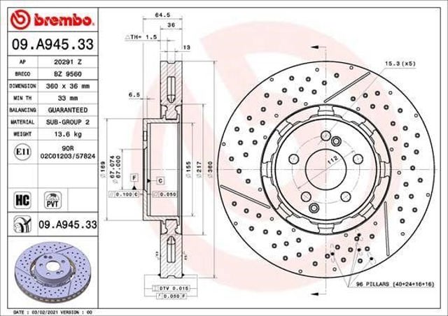 Disco do freio dianteiro 09A94533 BREMBO