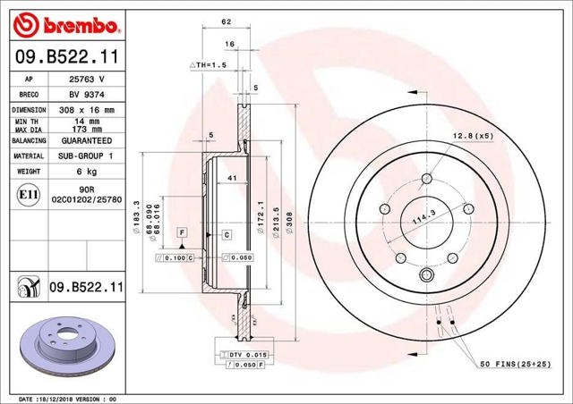 Disco do freio traseiro 09B52211 BREMBO