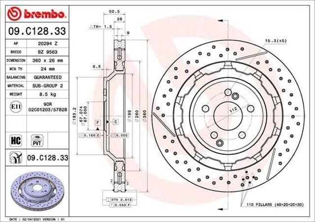 Disco do freio traseiro 09C12833 BREMBO