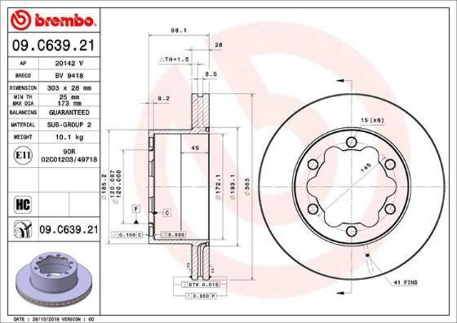 Disco do freio traseiro 09C63921 BREMBO