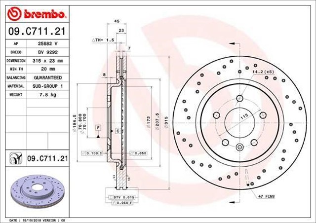 Disco do freio traseiro 09C71121 BREMBO