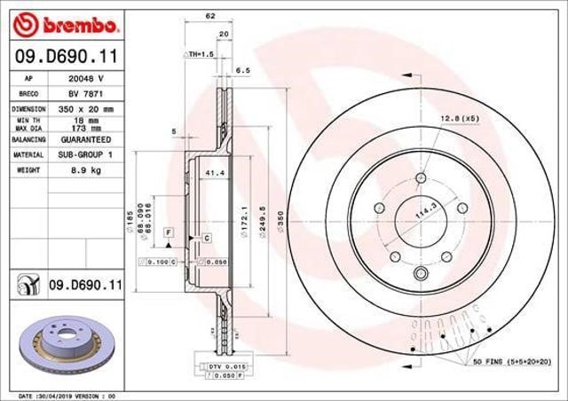 Disco do freio traseiro 09D69011 BREMBO