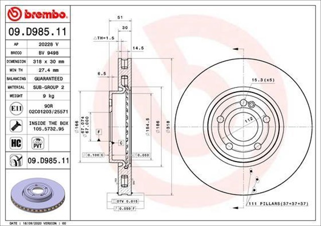 Disco do freio dianteiro 09D98511 BREMBO