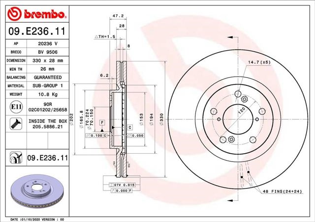 Disco do freio dianteiro 09E23611 BREMBO