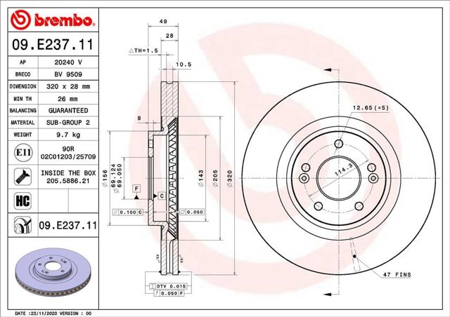 Disco do freio dianteiro 09E23711 BREMBO