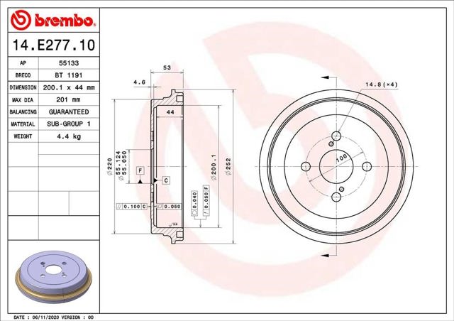Tambor do freio traseiro 14E27710 BREMBO