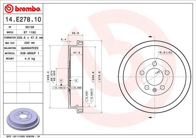 Tambor do freio traseiro 14E27810 BREMBO