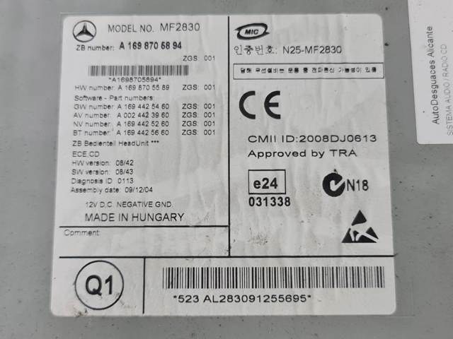 Aparelhagem de som (rádio AM/FM) A1698705894 MERCEDES