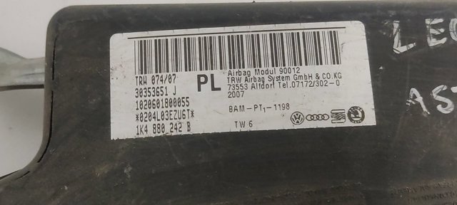 Cinto de segurança (AIRBAG) de encosto do assento direito 1K4880242B VAG