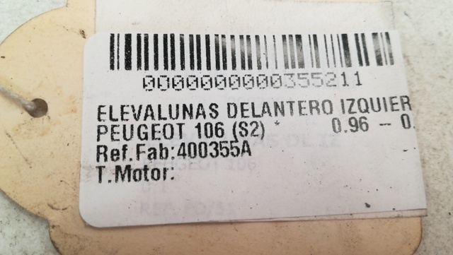 Mecanismo de acionamento de vidro da porta dianteira esquerda 400355A PEUGEOT