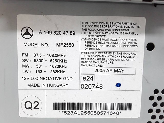 Aparelhagem de som (rádio AM/FM) A1698204789 MERCEDES